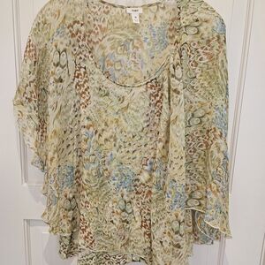 Feather Print Women's Blouse - Cream, Blue, Brown
